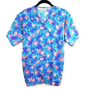Hearts and Butterflies Scrub Top Medium Tie in Back Blue Pink